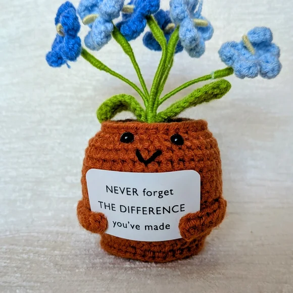 Crocheted Positive Flower Pot with Motivational Message Blue Flowers 5" X 3" - Picture 1 of 6
